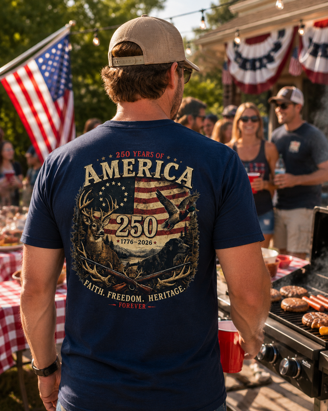 Man wearing a blue t-shirt with '250 Years of America' design at a casual outdoor gathering.