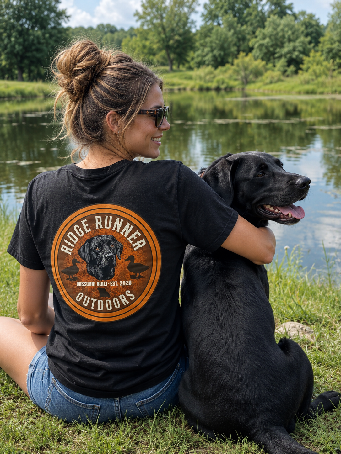 Woman wearing a 'Ridge Runner Outdoors' Missouri State Series t-shirt sitting with a black dog by a pond.