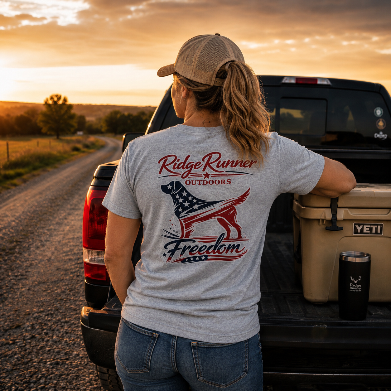 A woman wearing a 'Ridge Runner Outdoors' t-shirt with a graphic design, standing next to a truck with a YETI cooler at sunset.