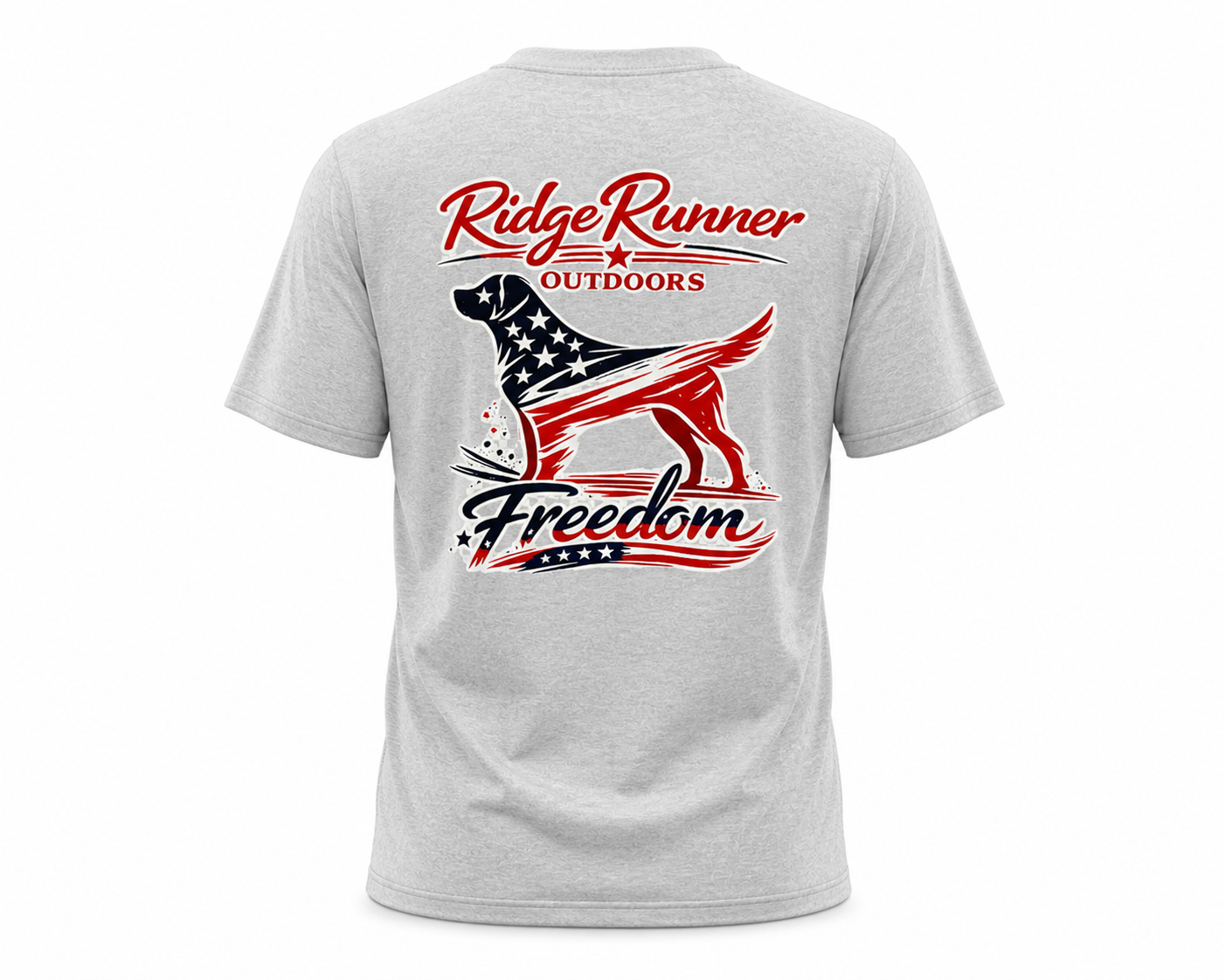 Gray t-shirt with 'Ridge Runner Outdoors' and 'Freedom Lab' design on a white background