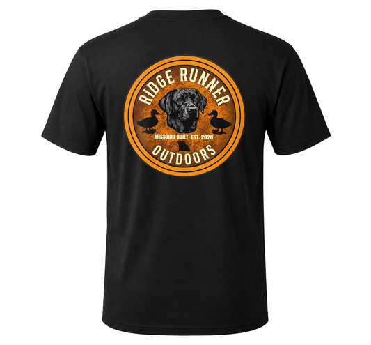 Black t-shirt with 'Ridge Runner Outdoors' State Series graphic on the back against a white background