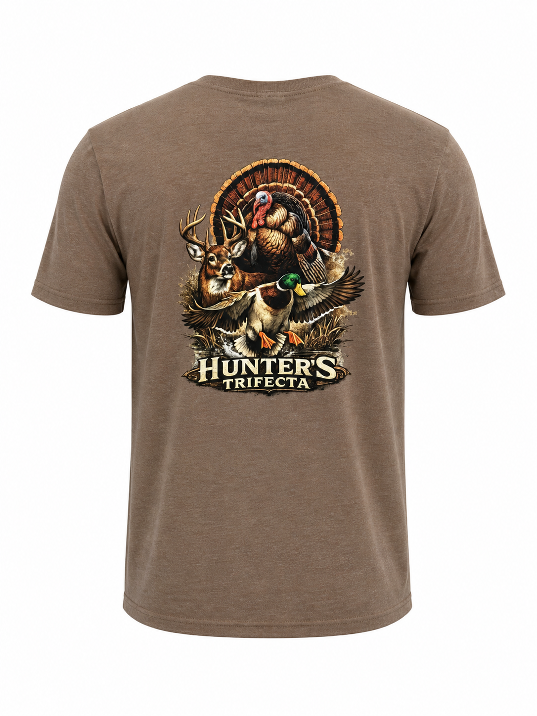 Ridge Runner Outdoor Hunters Trifecta back graphic - Brown t-shirt with hunting-themed graphic on a white background