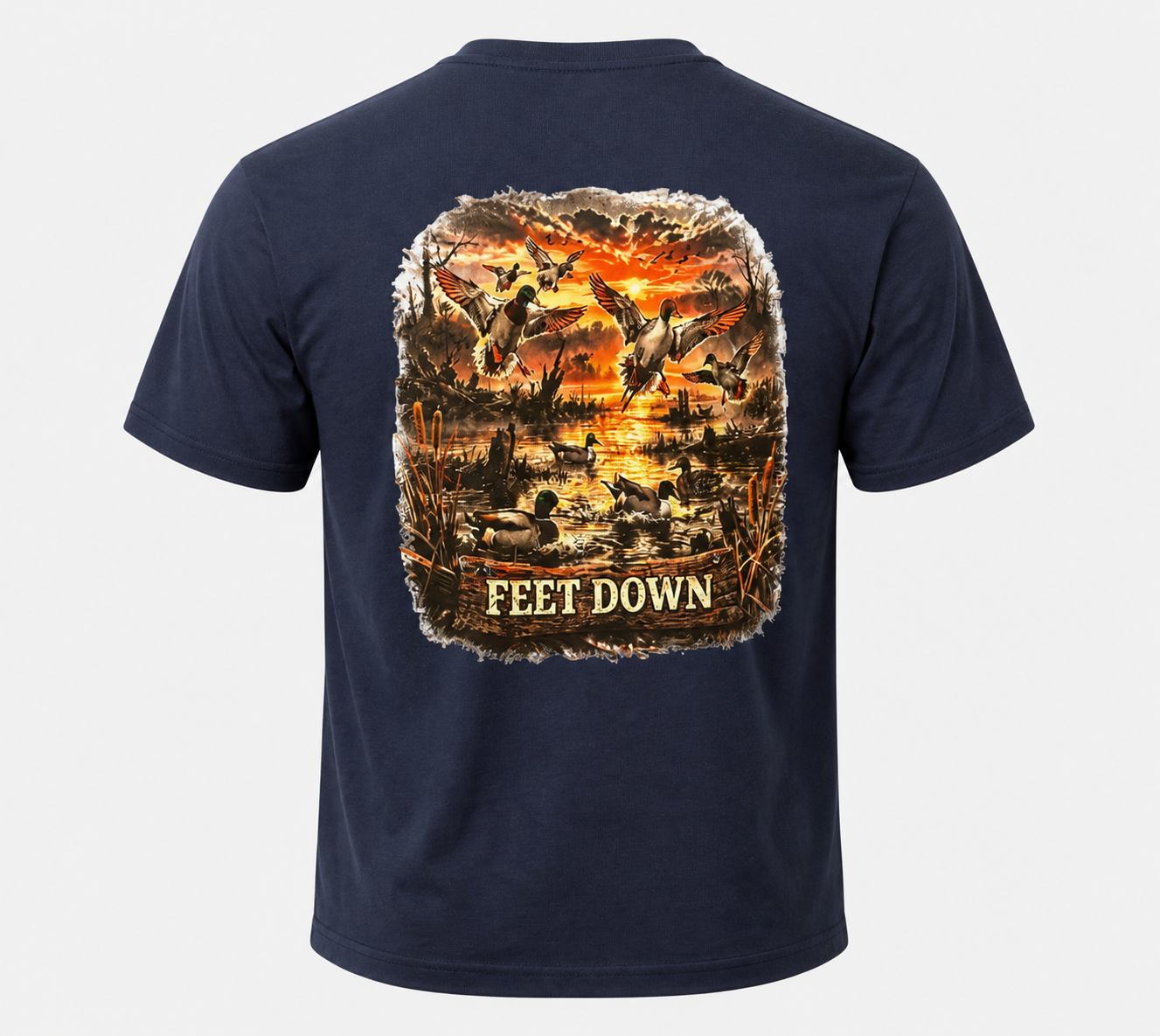 Navy blue t-shirt with a graphic of ducks and 'Feet Down' text on the back, against a white background