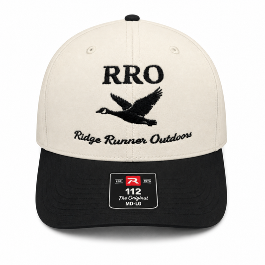 White and black cap with 'Ridge Runner Outdoors' logo on a white background