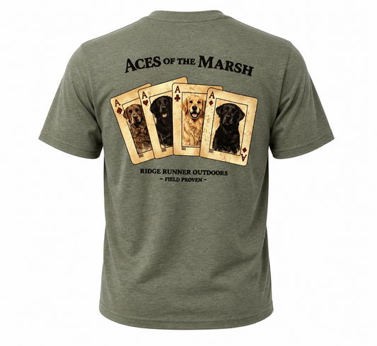 Aces of the Marsh retriever hunting tee back view 
- four retriever breeds card design - Ridge Runner Outdoors