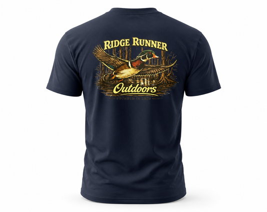Navy blue t-shirt with 'Ridge Runner Outdoors' Wood Duck graphic on back on a white background