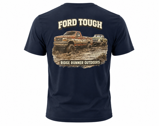 Navy blue t-shirt with Ford Tough graphic on a white background