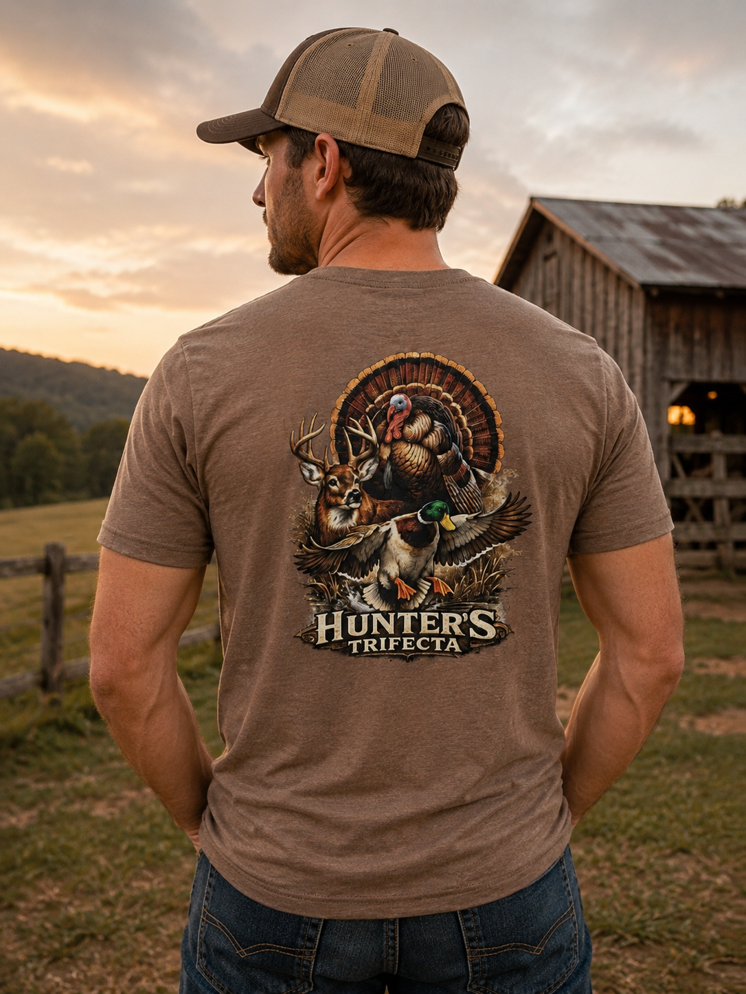 Man wearing a brown t-shirt with 'Hunters Trifecta' design in a rural setting.