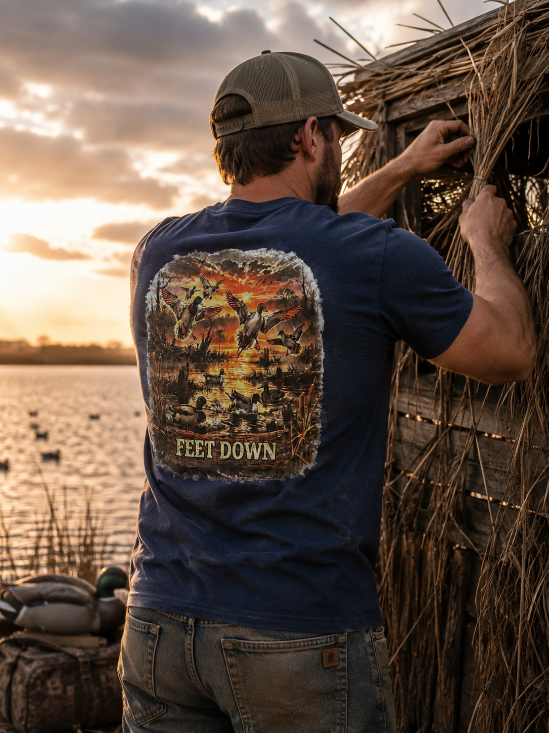 Man in a blue shirt with 'Feet Down' logo working on his duck blind at sunset.