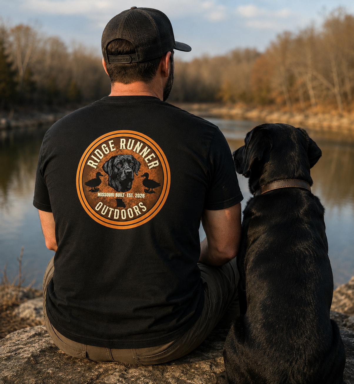 Man wearing a 'Ridge Runner Outdoors' Missouri State Series t-shirt sitting with a dog by a lake.