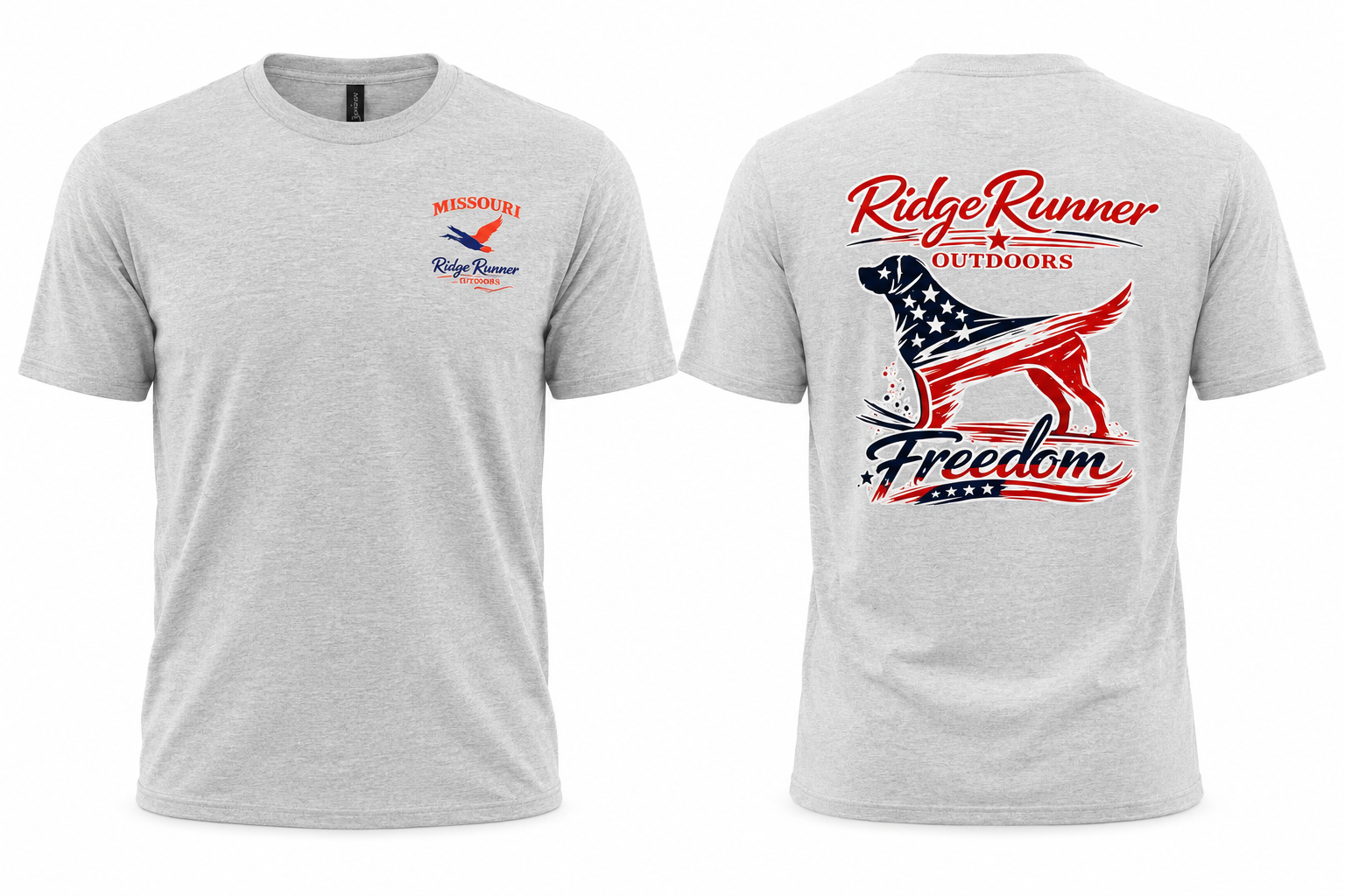 Gray t-shirt with 'Ridge Runner Outdoors' logo and 'Freedom' design on a white background