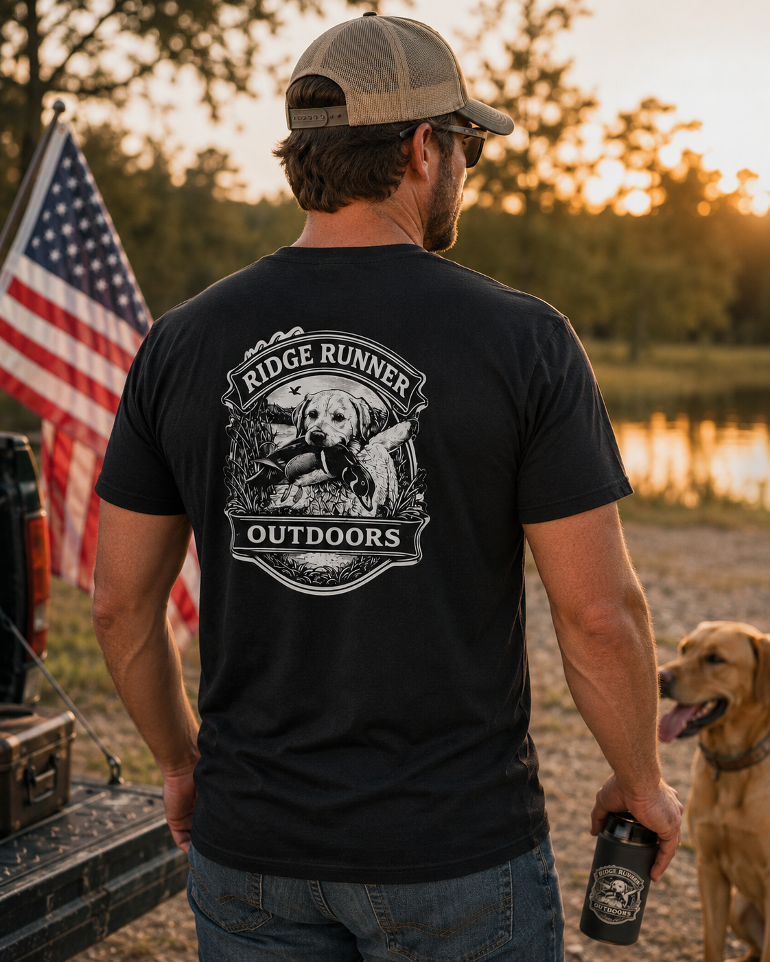 Man wearing a 'Ridge Runner Outdoors' t-shirt with a dog graphic, standing outdoors near a lake and American flag.
