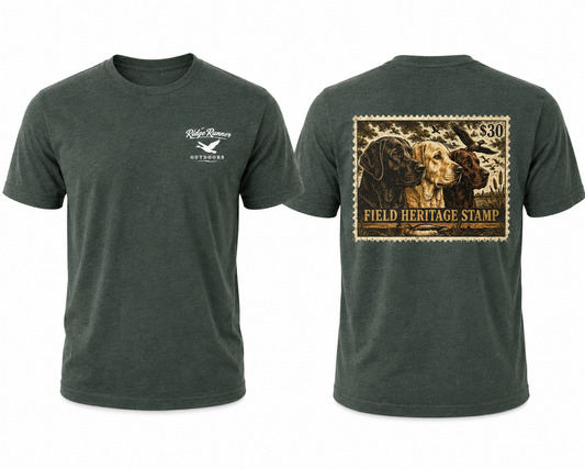 Ridge Runner Outdoors Lab Stamp Series - Heather Forest Green t-shirt with a stamp design featuring three labs on the back, on a white background