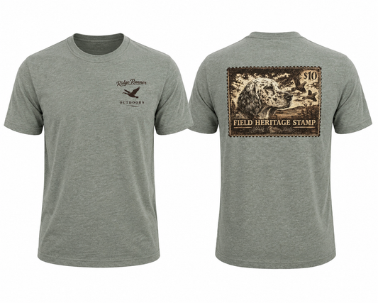 Heather green with the Ridge Runner Outdoors English Setter Stamp Series graphic on the back and logo, displayed on a white background.