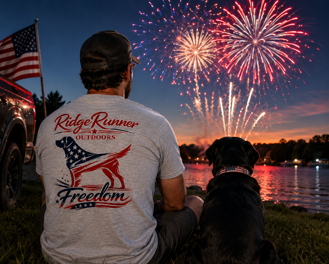 Man and dog watching fireworks at a lake with 'Ridge Runner Outdoors Freedom' t-shirt.