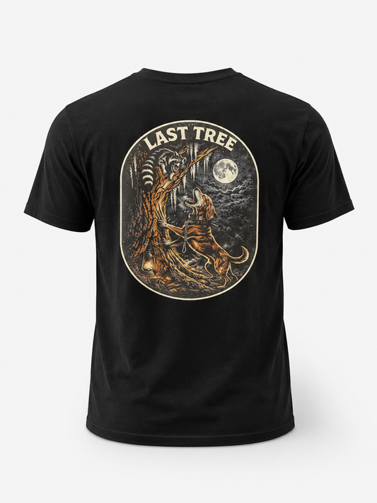 Black t-shirt with a graphic design of a Redbone hound  and raccoon on a tree, with 'Last Tree' text, on a white background.