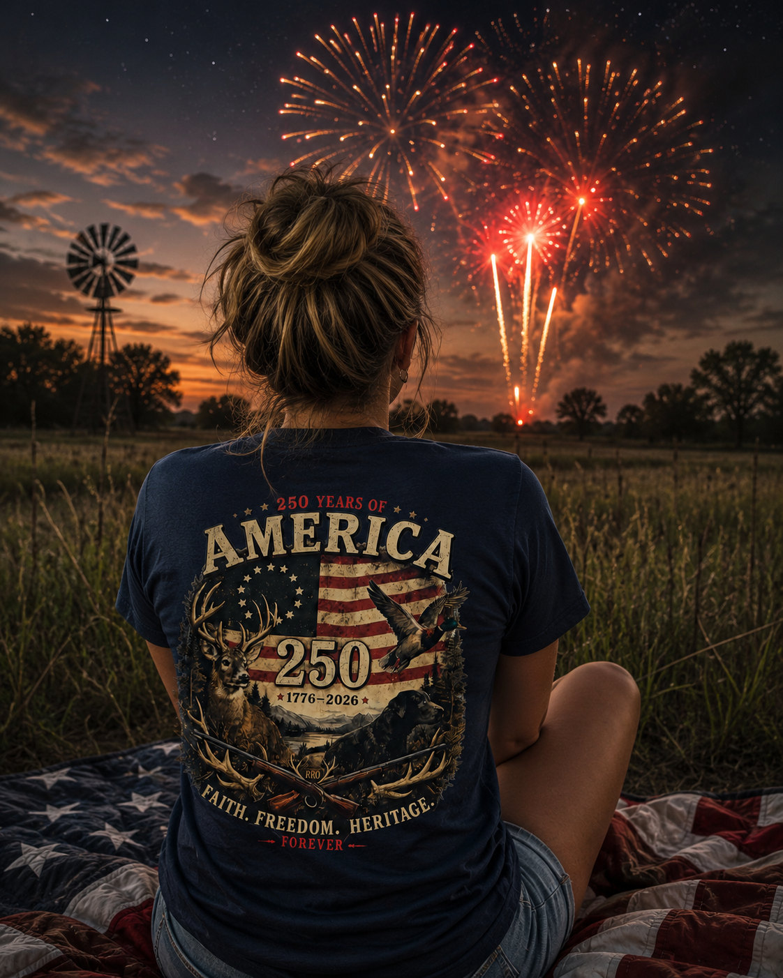 A Woman wearing a '250 Years of America' t-shirt watching fireworks in a field on July 4th. 