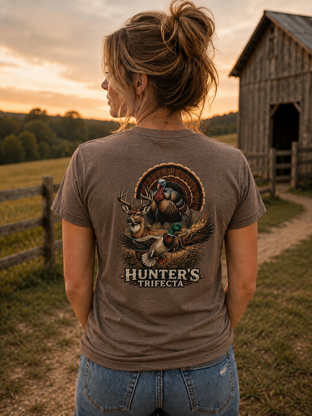 A women wearing a 'Hunter's Trifecta' t-shirt with a nature-themed design in a rural setting.