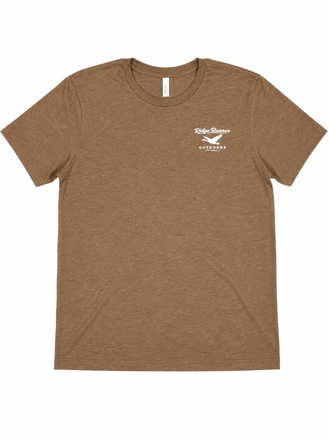 Brown t-shirt with a white logo front graphic on a white background