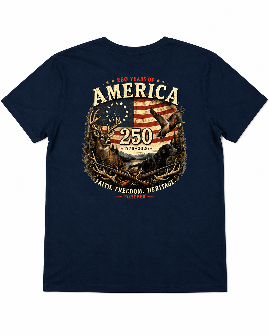 Navy Blue Gildan Tee back graphic - celebrating 250 years. 