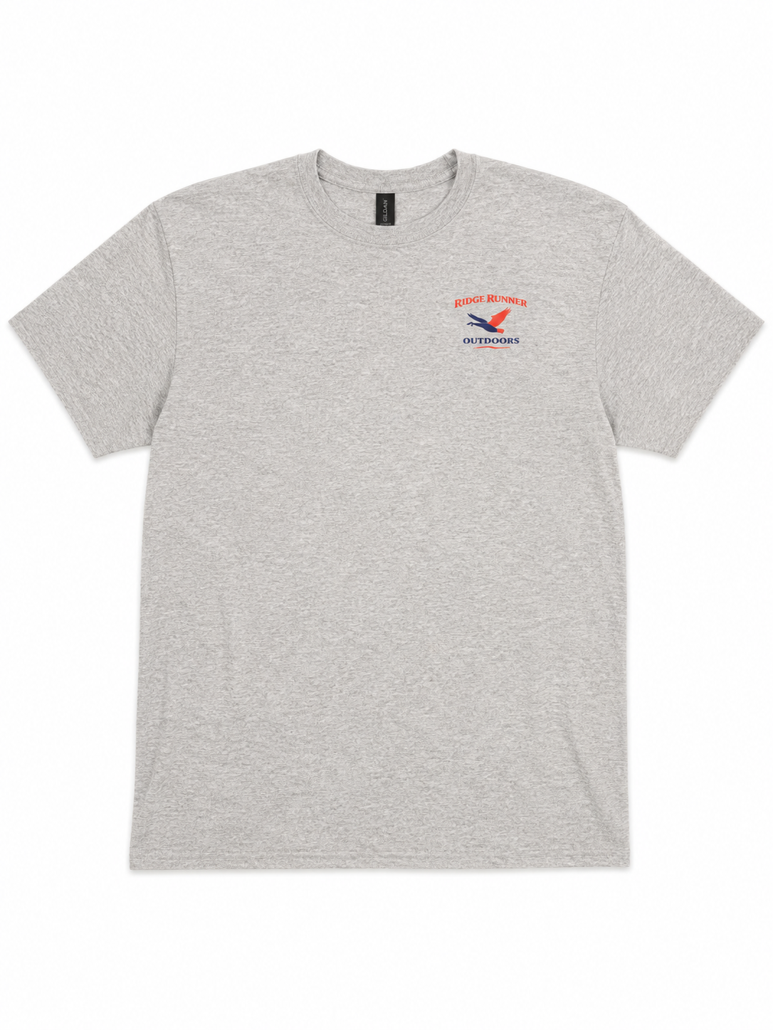 Gray t-shirt with a logo on the chest against a white background